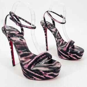 Christian Louboutin Loubi Queen Alta Pink Black Strass Platform Sandals EU 42